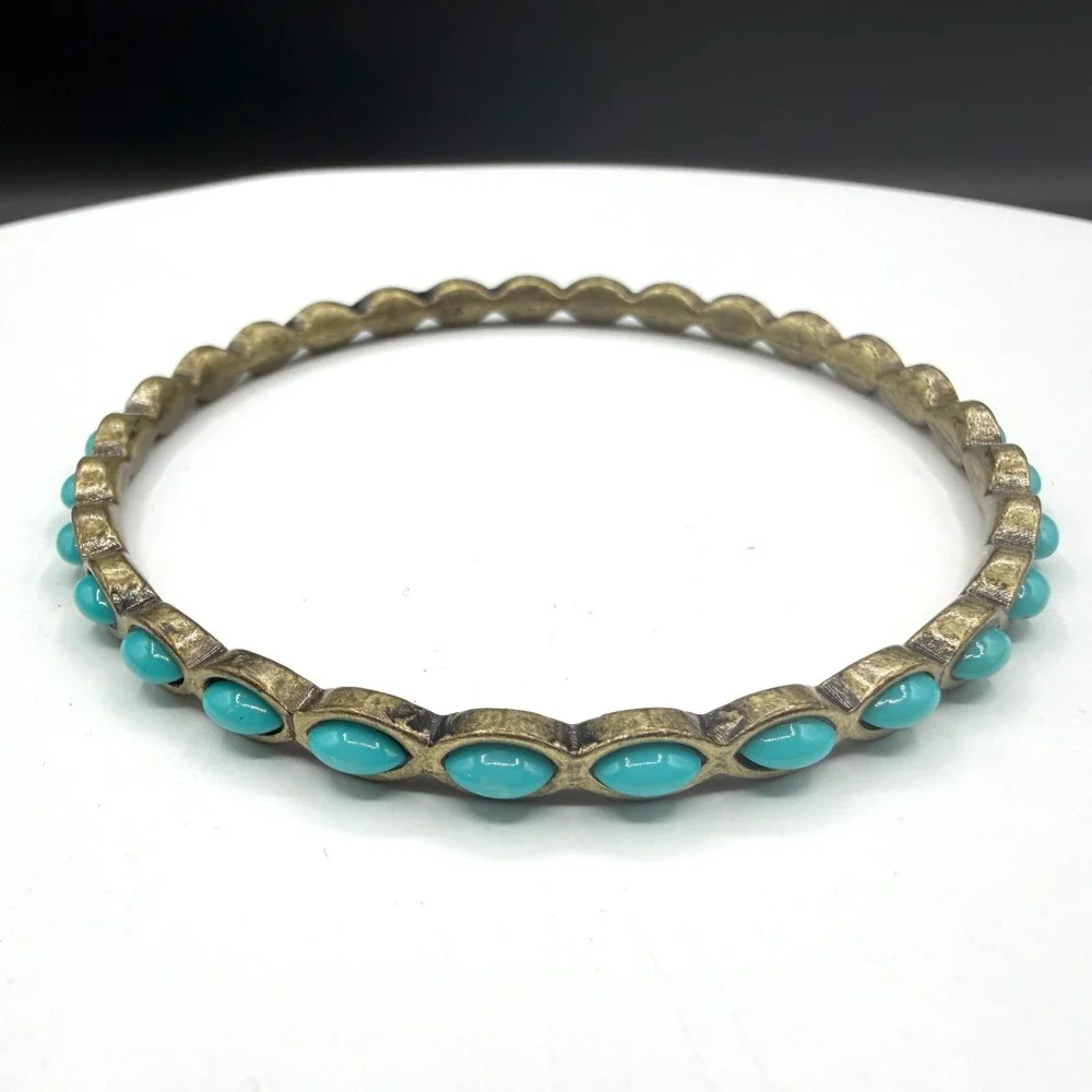 Vintage Style Turquoise & Brass Tone Cabochon Bangle Bracelet Boho Southwestern